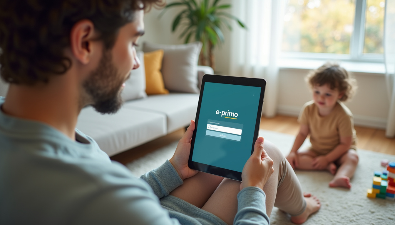 Parent en train de se connecter à e-primo depuis une tablette dans un cadre familial