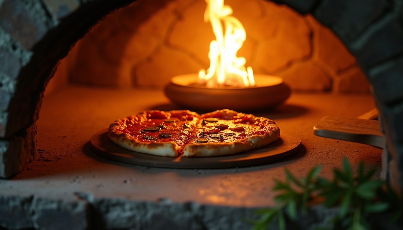Pizza en forme de cœur en train de cuire dans un four à bois