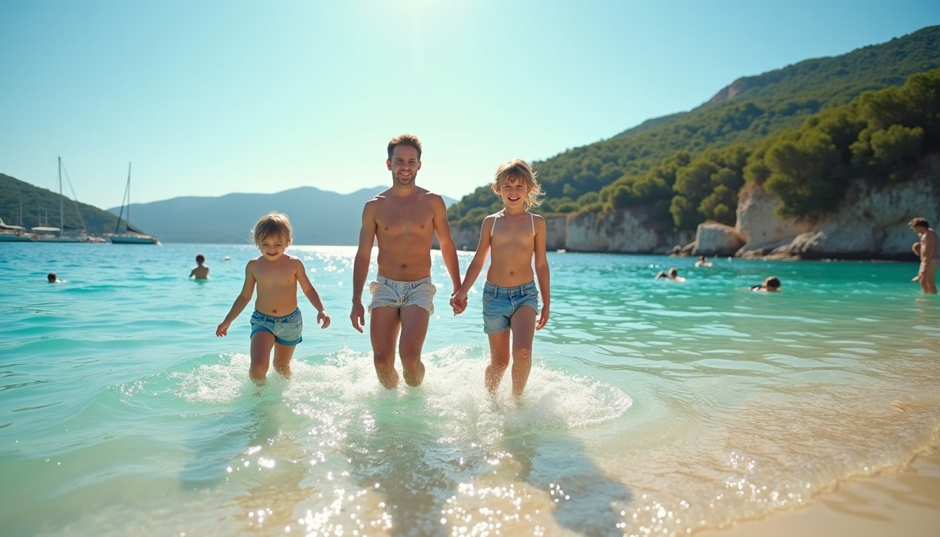 Plage de la Roya à Saint-Florent, famille en train de se baigner avec enfants dans une eau peu profonde