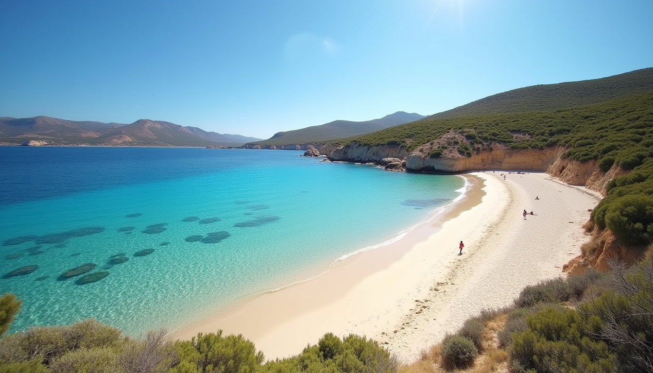 Plage de Saleccia dans le désert des Agriates, vue sur sable fin, eau claire et maquis méditerranéen