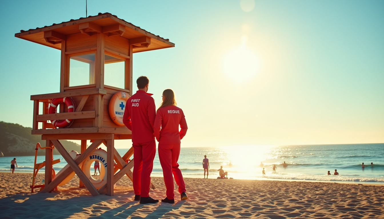 Poste de secours sur la plage des Marettes avec sauveteurs en uniforme et équipement de sécurité