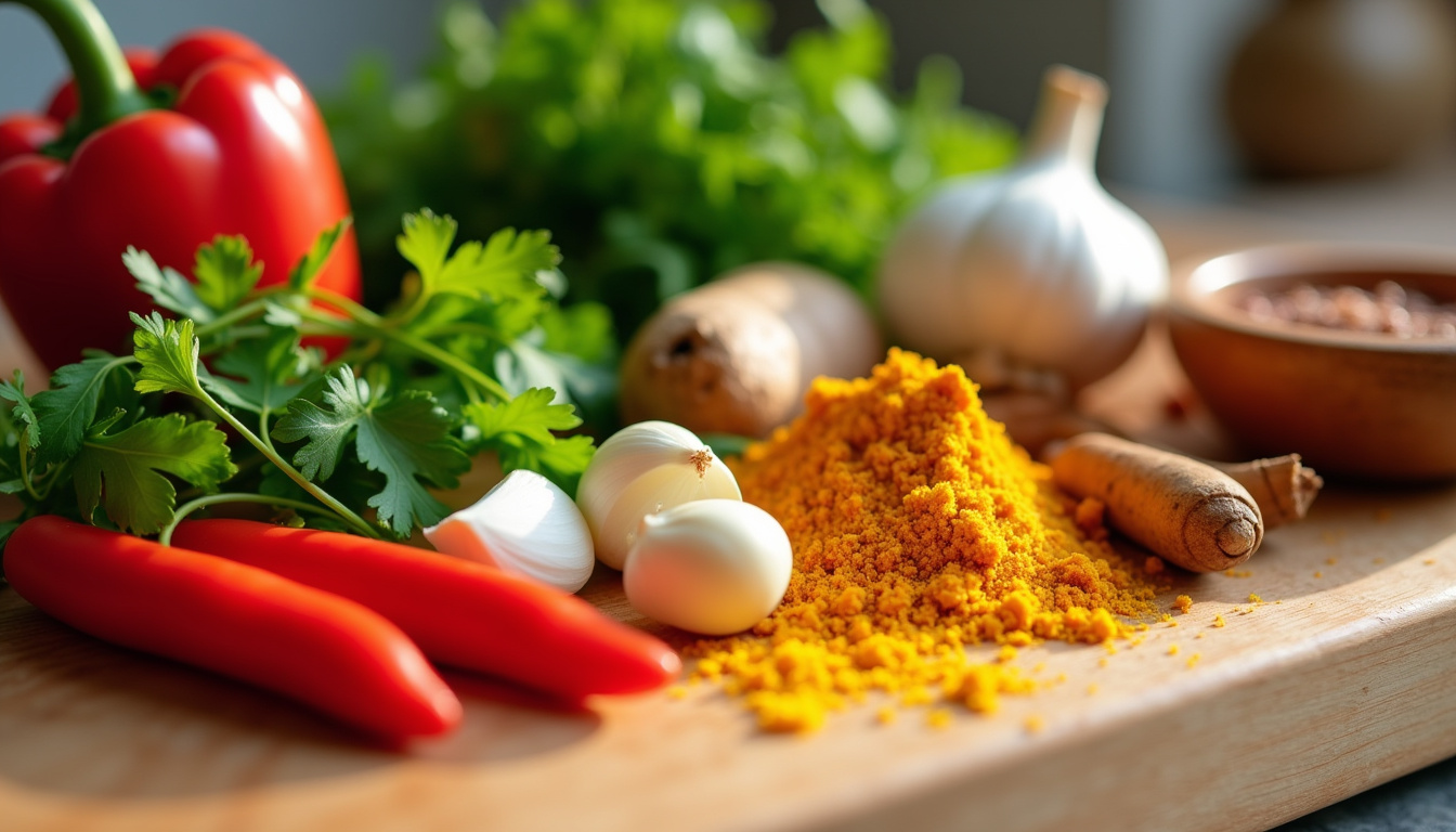 Préparation de légumes et épices sur un plan de travail en bois