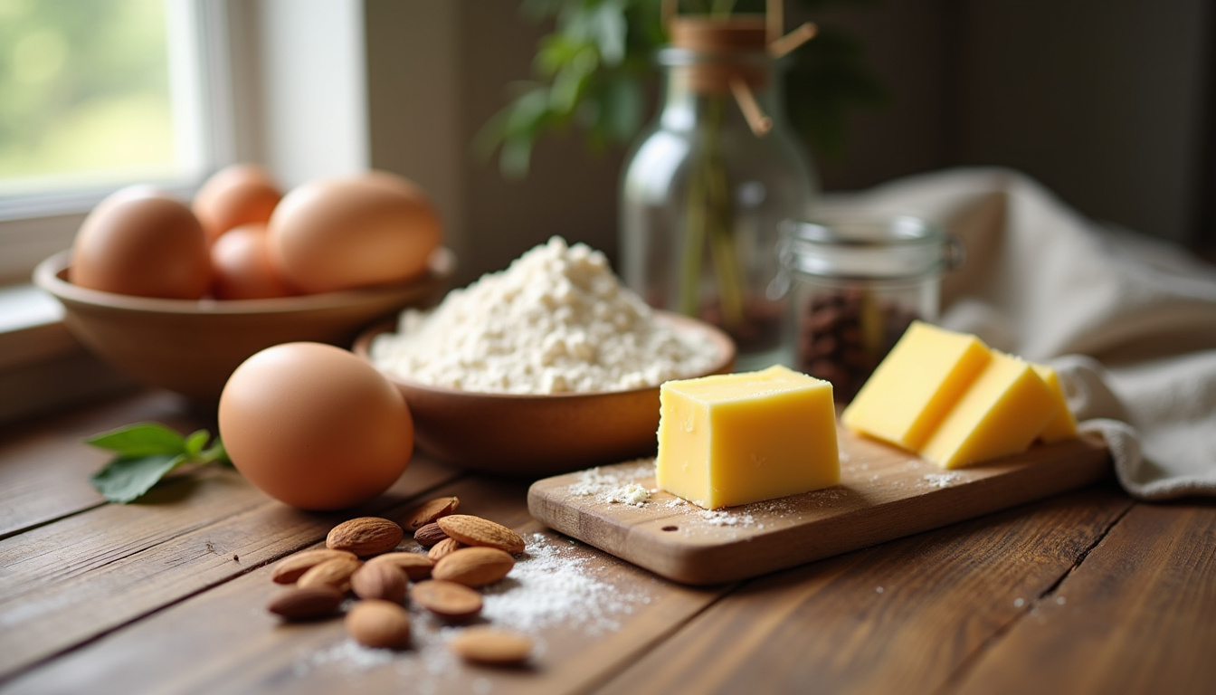 Préparation des ingrédients pour un gâteau moka: œufs, farine, beurre, café et amandes effilées