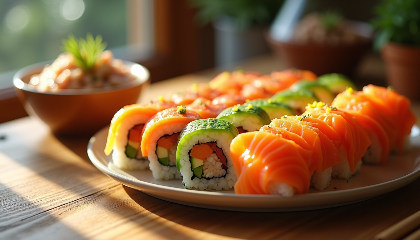 Préparation des sushis arc-en-ciel aux rillettes de sardine sur un plan de travail en bois