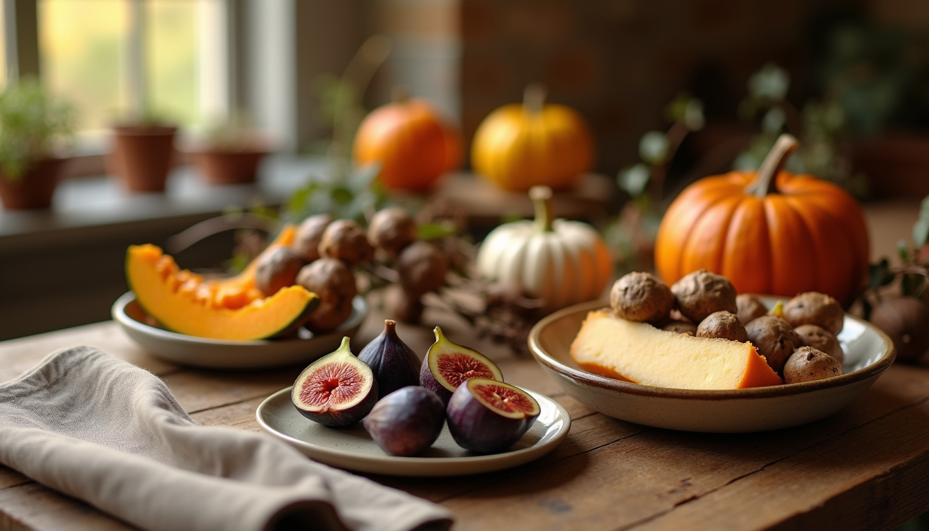 Présentation de produits de saison pour un apéro d'automne: courges, figues, châtaignes, champignons et fromages