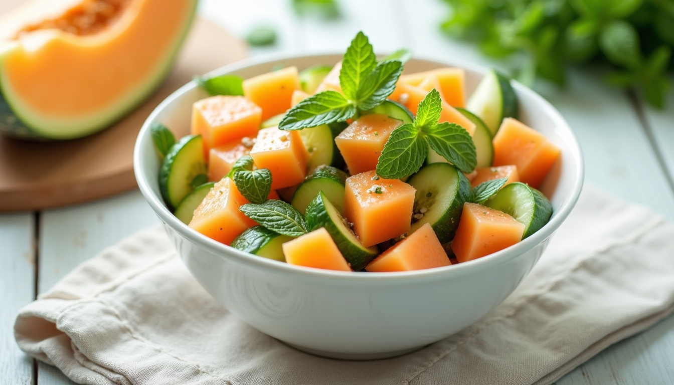Salade de melon, concombre et menthe, servie dans un bol en céramique