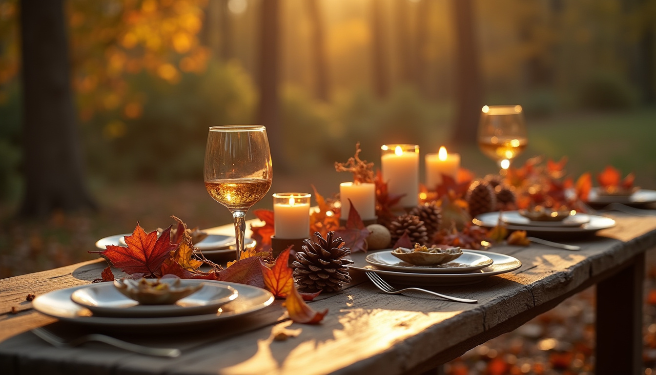 Table d'apéro d'automne décorée avec des bougies, des feuilles, des pommes de pin et des assiettes vintage