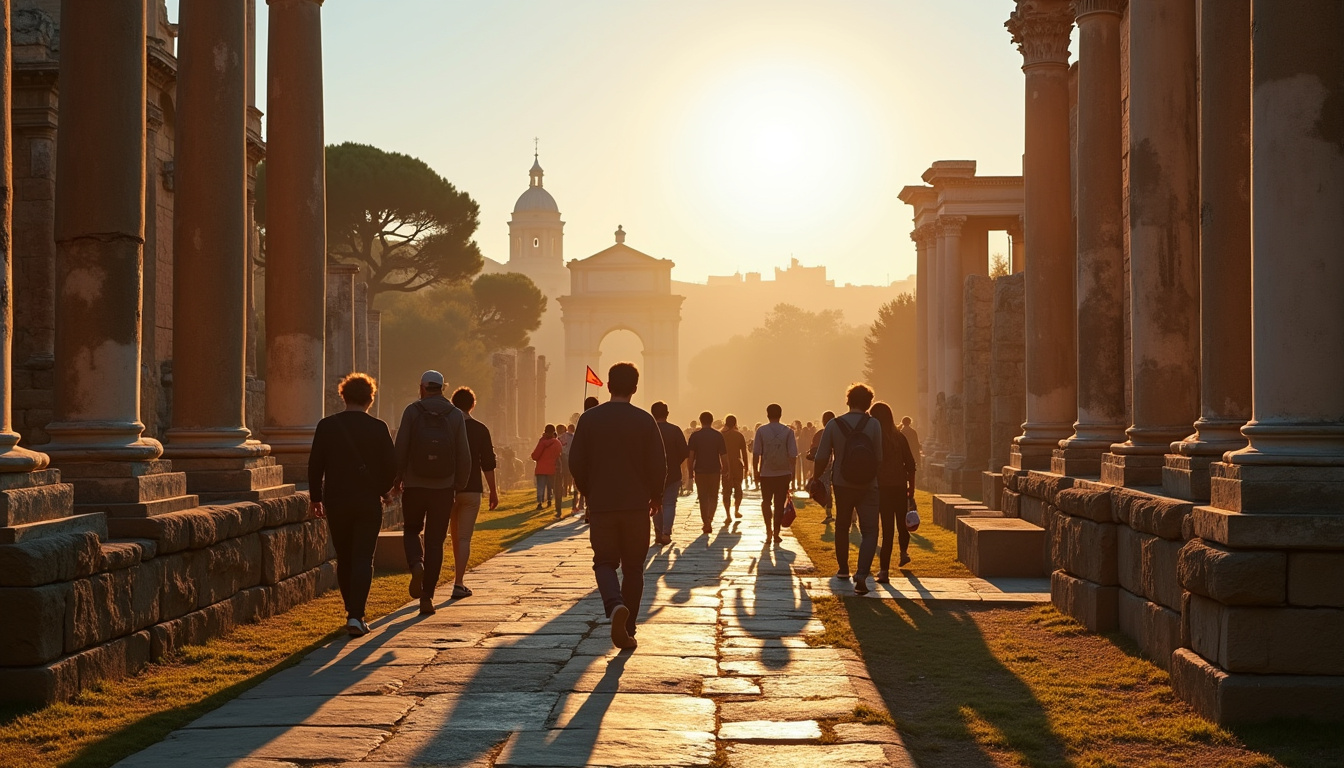 Touristes en visite au Forum Romain à Rome, marchant entre les vestiges antiques avec un guide