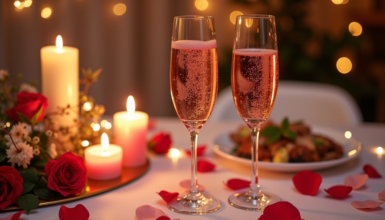 Verres de champagne rosé servis sur une table décorée pour la Saint-Valentin