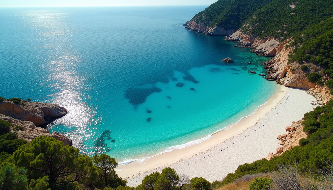 Vue aérienne de la plage de Palombaggia en Corse avec sable blanc, eau turquoise et pinède