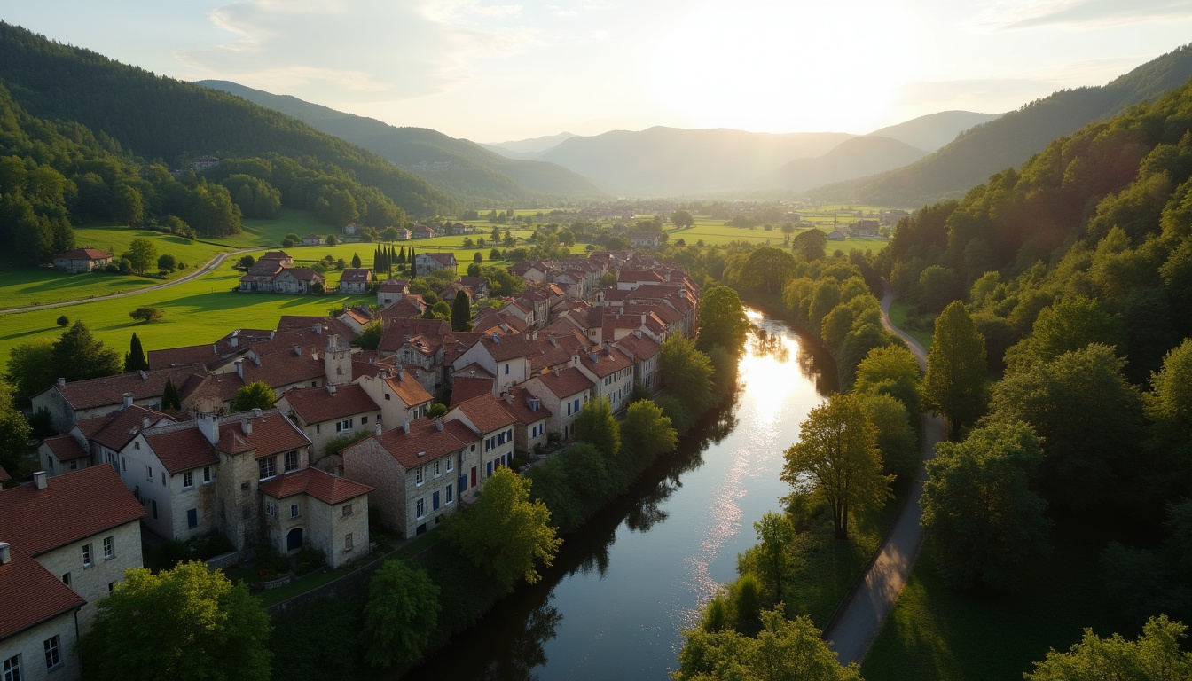 Vue aérienne de Vals-les-bains avec ses maisons en pierre et son environnement naturel