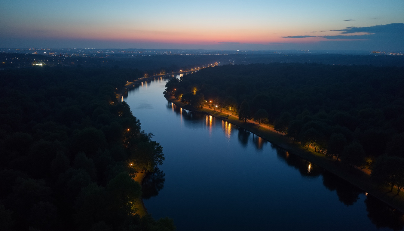 Vue aérienne du parc de La Carrière à Saint-Herblain en soirée, avec le lac illuminé en préparation du feu d’artifice