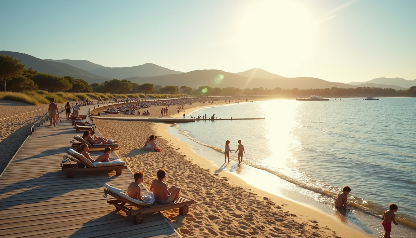 Vue d'ensemble de la plage des Marettes à Vitrolles, avec familles, transats en bois et ponton au bord de l’étang de Berre