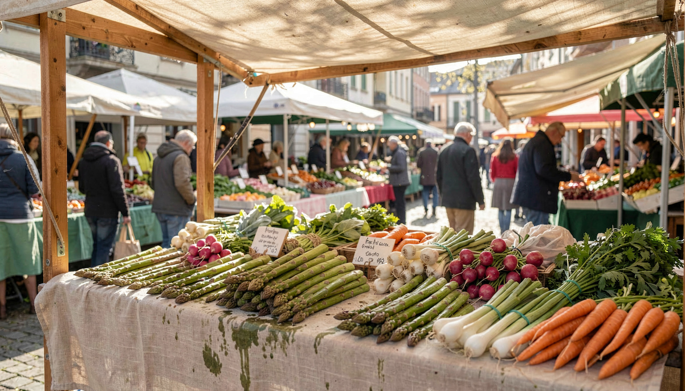Asperges fraîches disposées sur un étal de marché printanier