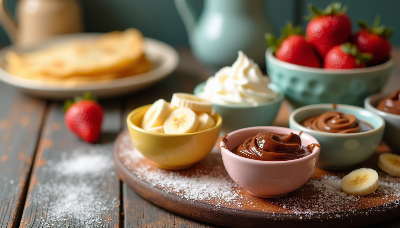 Assortiment de garnitures sucrées pour crêpes disposées dans de petits bols colorés