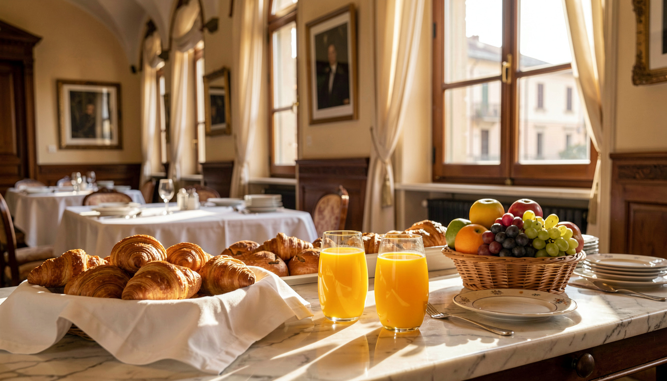 Buffet de petit-déjeuner dans un hôtel de charme à Rome avec viennoiseries, fruits et jus