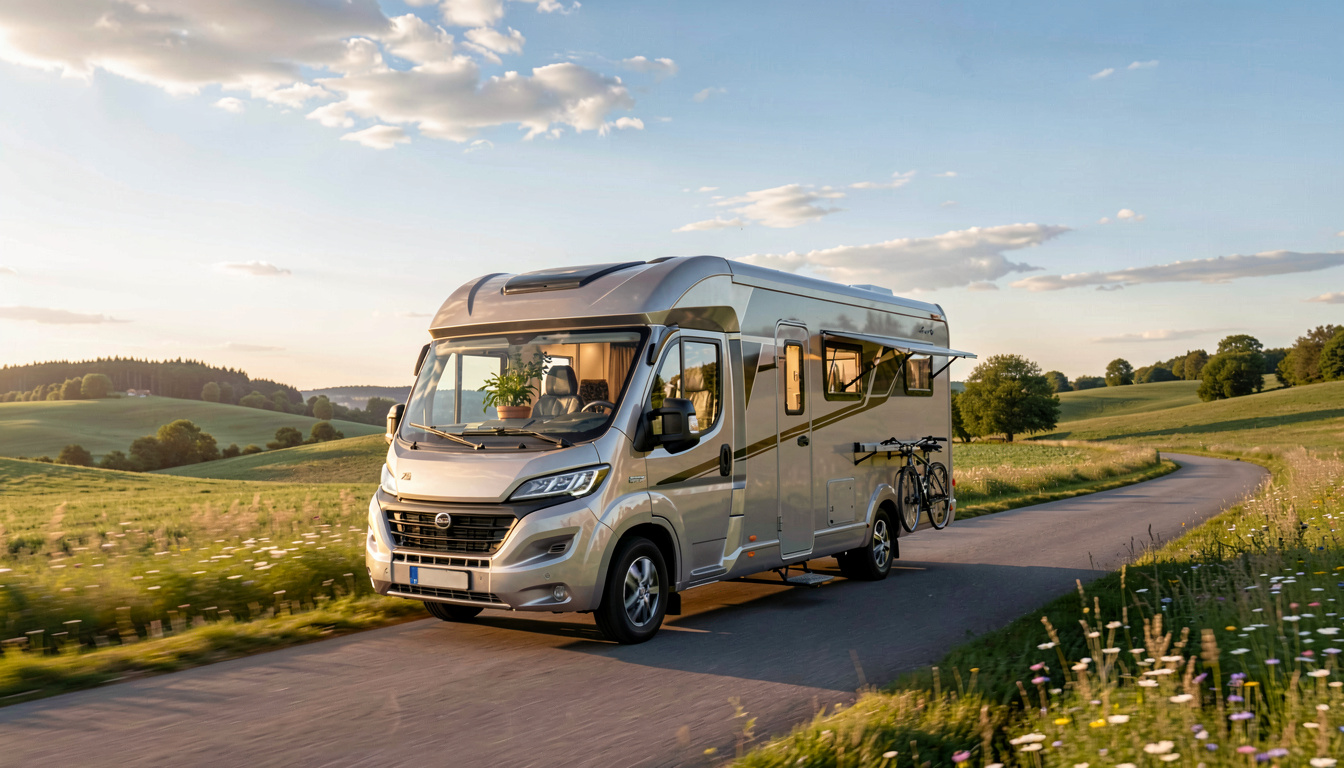 Camping-car profilé en voyage sur une route de campagne