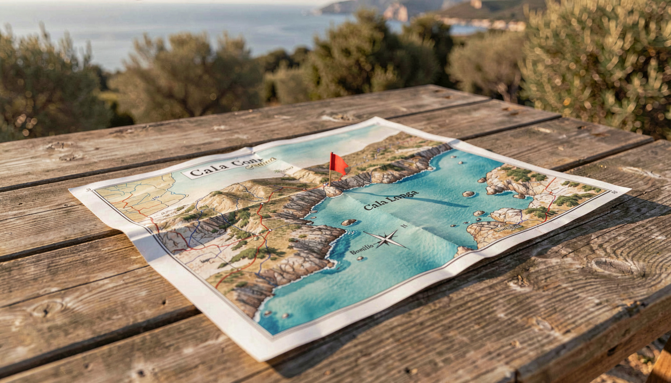 Carte d’orientation montrant l’emplacement de Cala Longa par rapport à Bonifacio et l’île de Cavallo