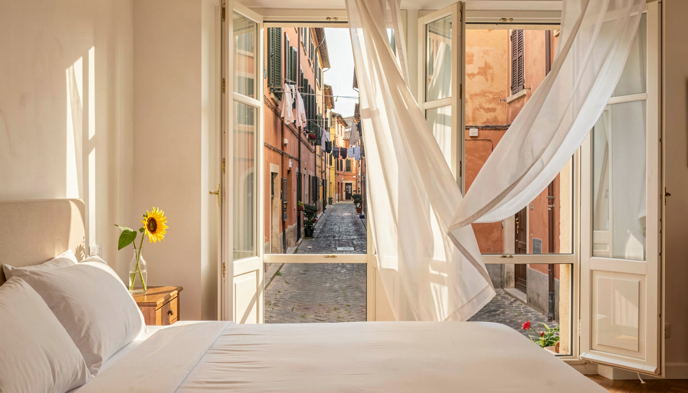 Chambre d’hôtel lumineuse et élégante avec vue sur une rue typique de Rome