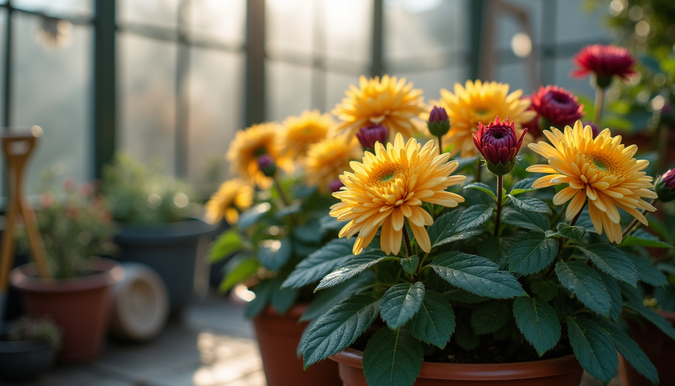 Chrysanthèmes en pot protégés pour l'hiver dans un abri lumineux