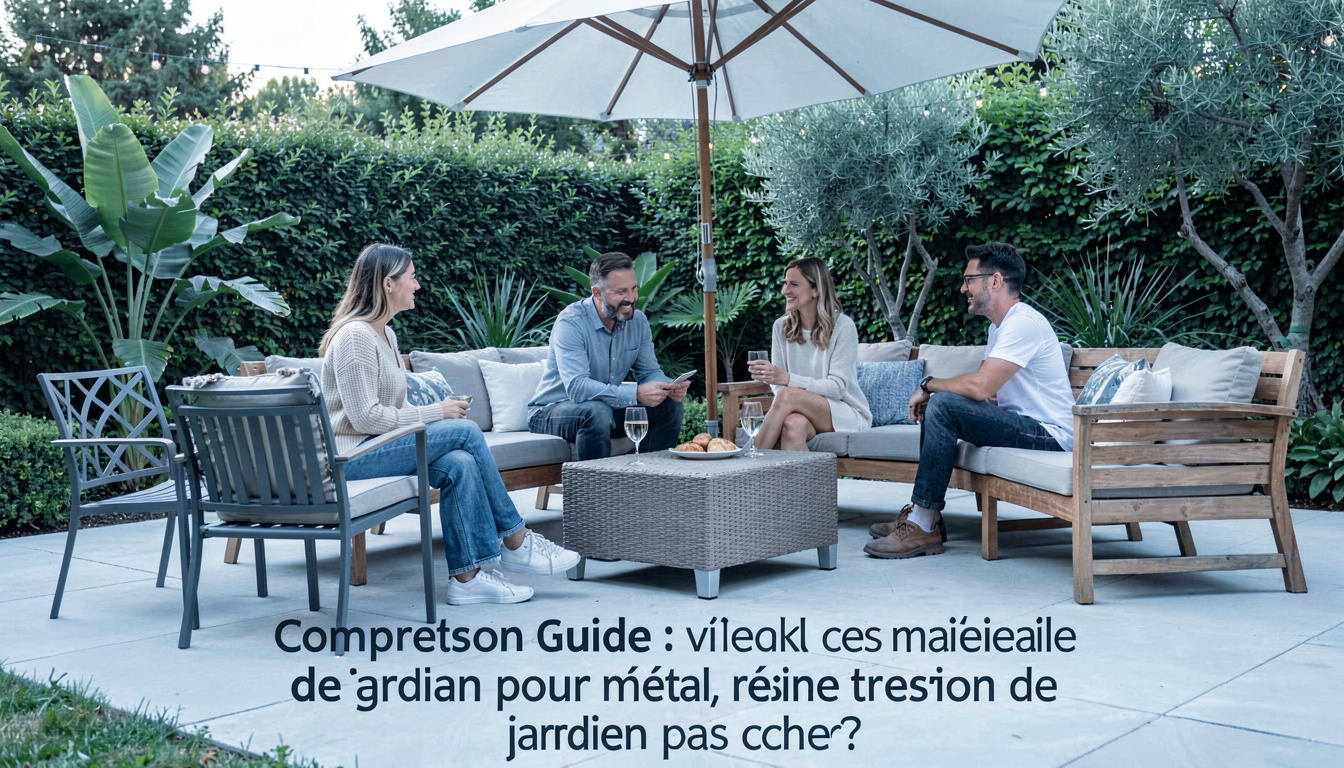 Comparaison visuelle des matériaux pour salon de jardin: métal, résine tressée, bois et plastique