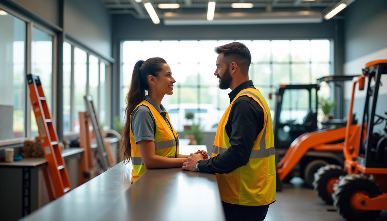 Conseiller Loxam en discussion avec un client en agence
