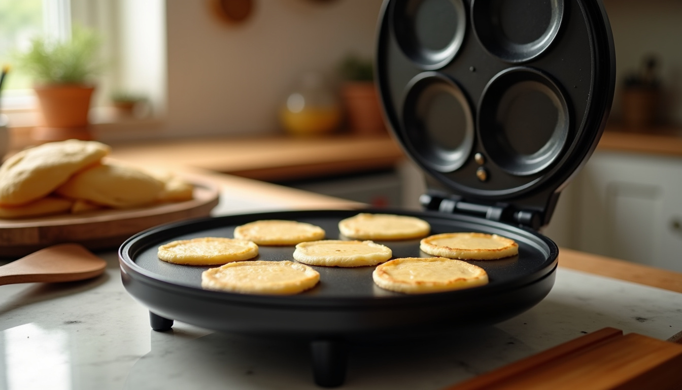 Crêpière électrique multi-emplacements en fonctionnement avec six mini-crêpes en cours de cuisson