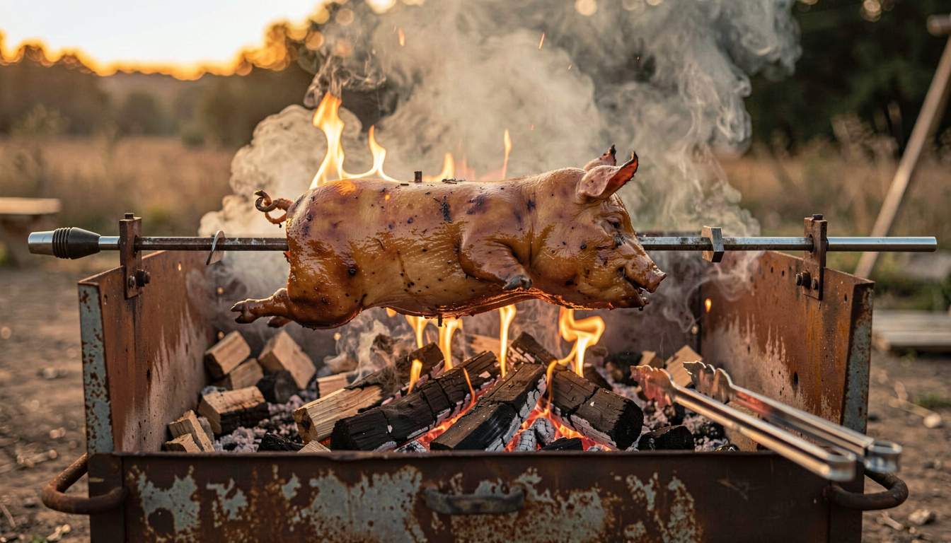 Cuisson lente d'un cochon de lait entier sur barbecue à broche