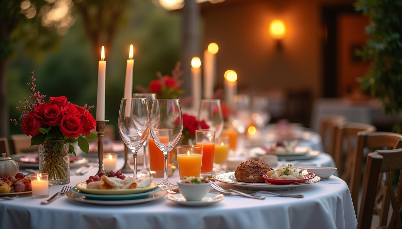 Différentes scènes de repas selon l'occasion: romantique, familial, entre amis