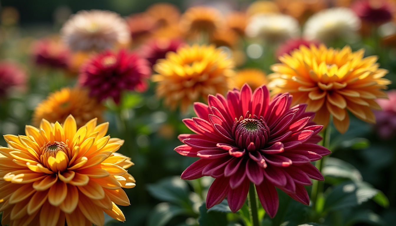 Différentes variétés de chrysanthèmes en pleine floraison dans un jardin