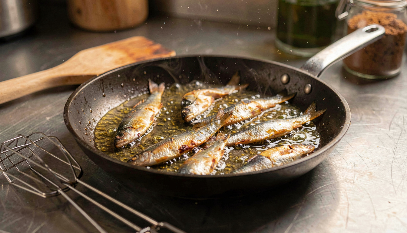 Éperlans en train de frire dans une casserole avec huile chaude et écumoire à proximité