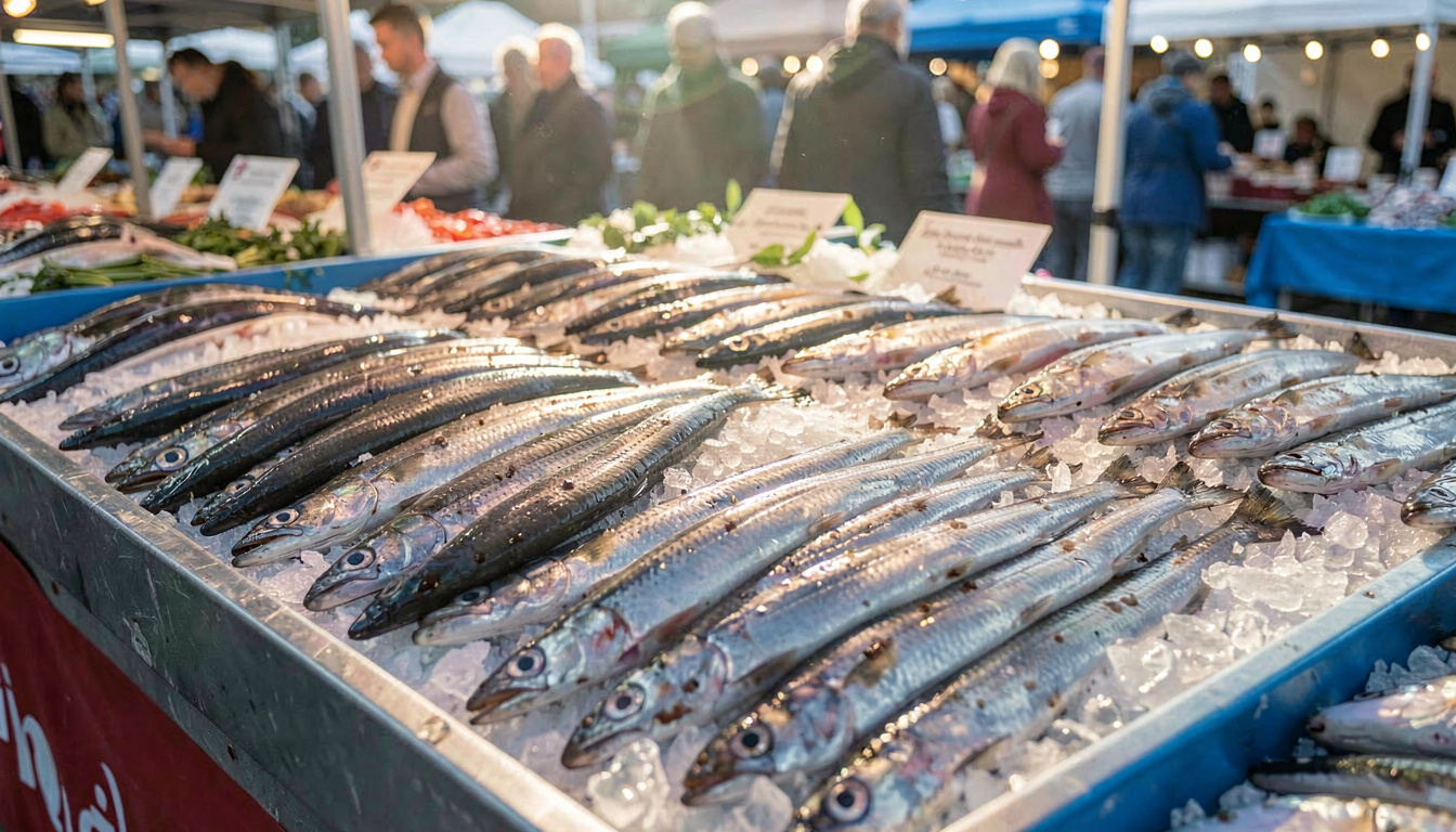 Étal de marché avec des éperlans frais bien alignés, brillants et entiers