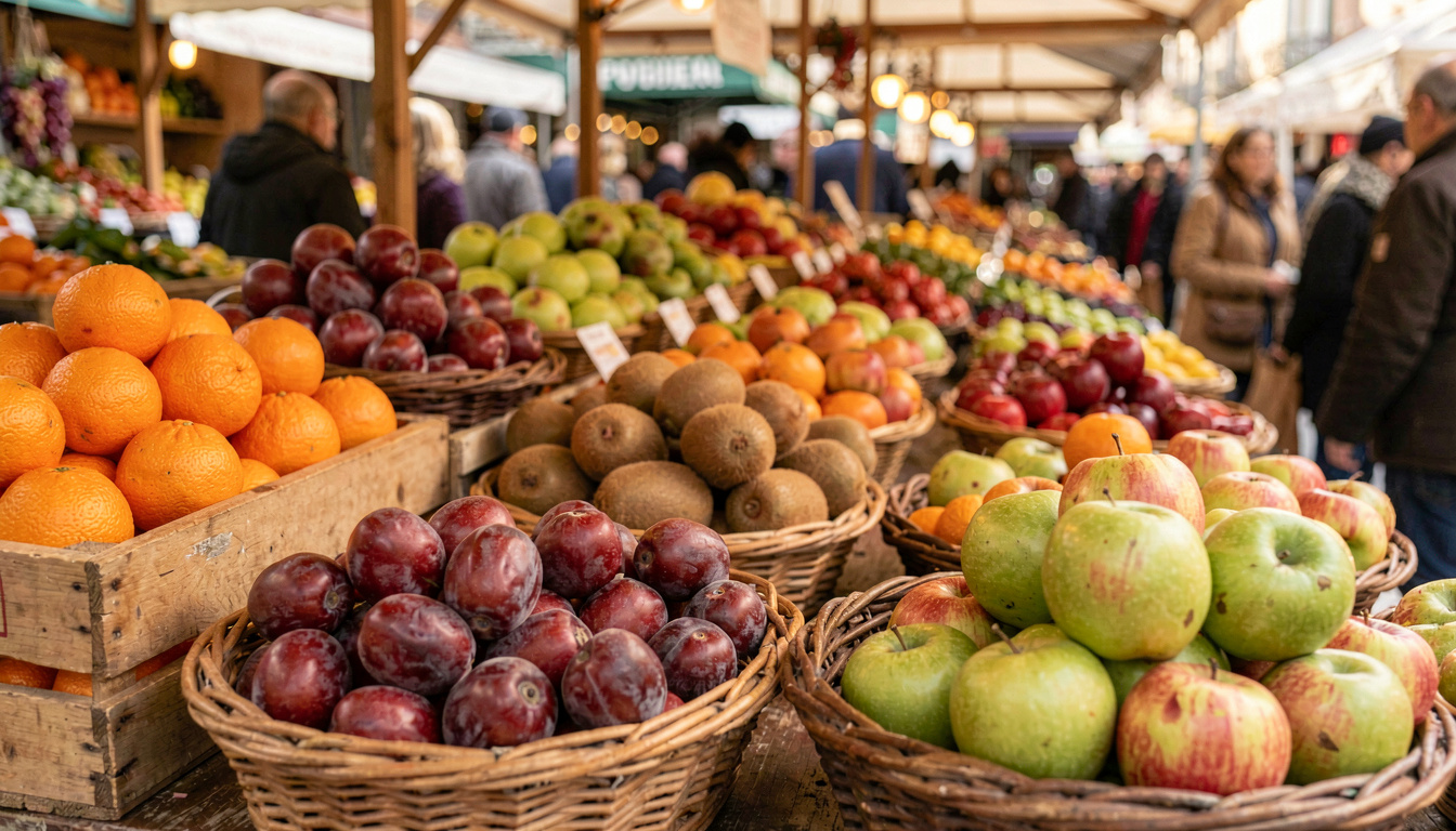 Étal de marché rempli de fruits de saison en décembre: clémentines, kakis, kiwis et pommes