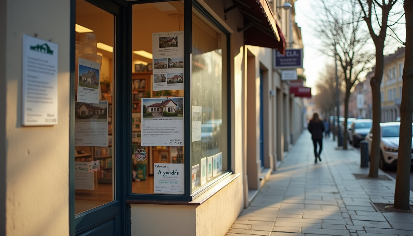 Façade d'une agence immobilière à Annonay avec vitrine et panneau d'annonces