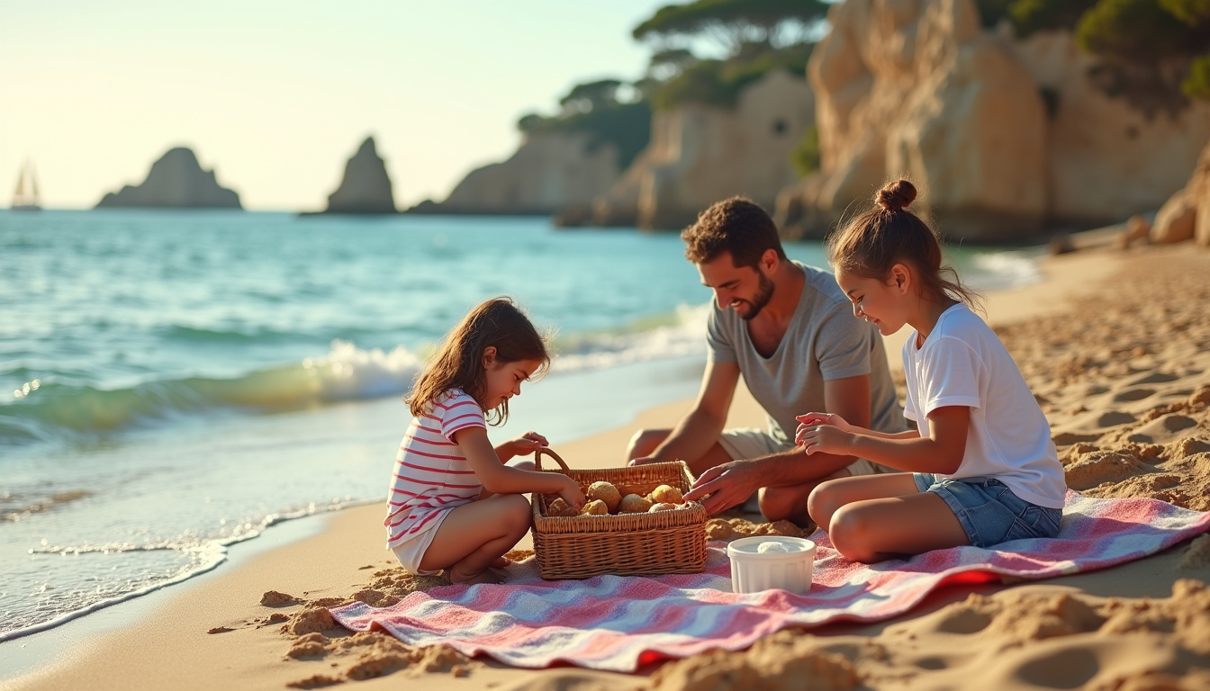 Famille préparant son pique-nique sur la plage de Bonneveine à Marseille