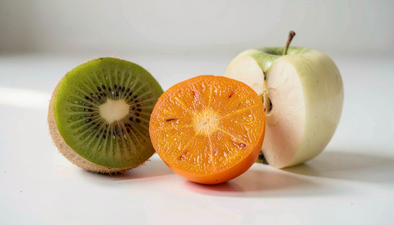 Fruits coupés en deux: kiwi, kaki et pomme, montrant leur texture et leur couleur intérieure
