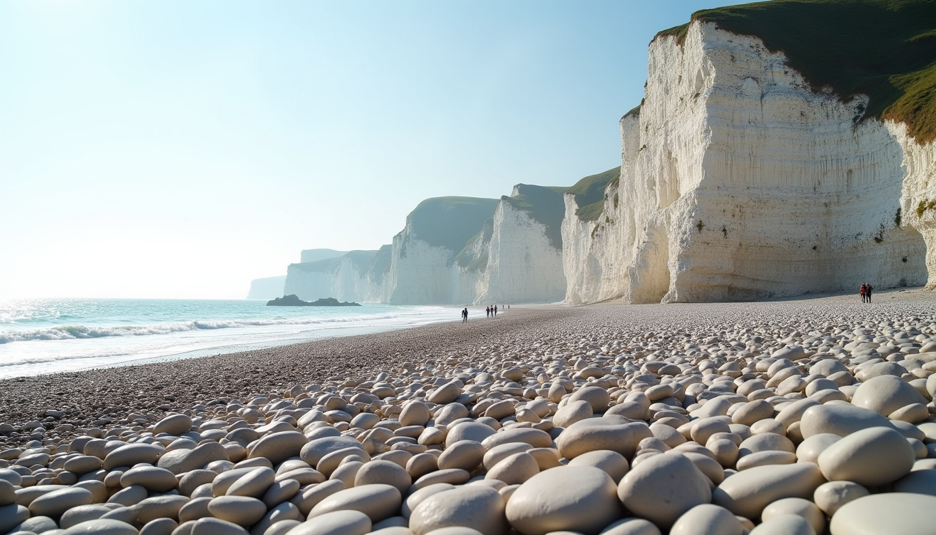 Plage de galets à Étretat en Normandie montrant les falaises de craie et l’accumulation de silex arrondis