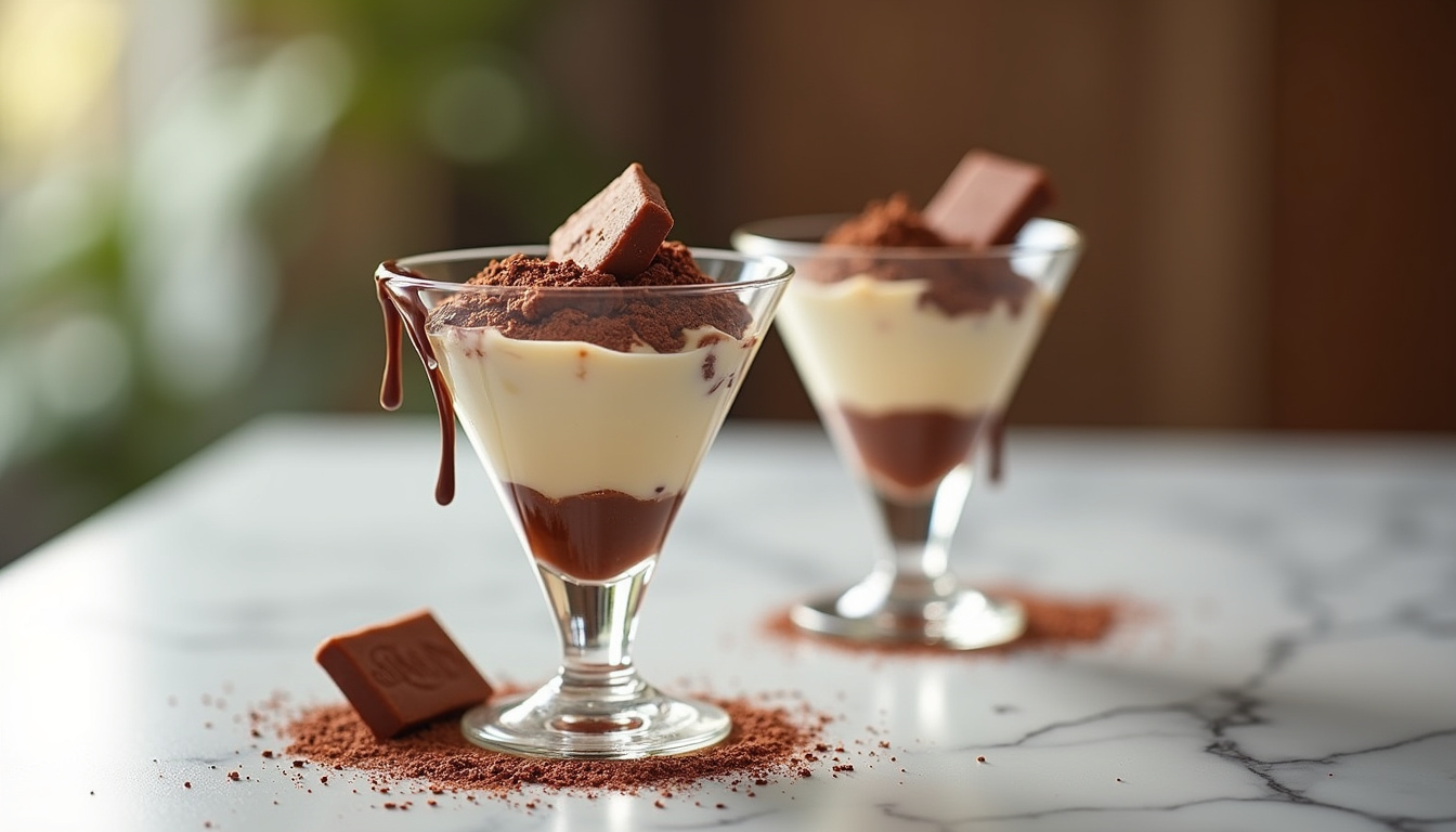 Préparation de verrines de tiramisu Kit Kat avec morceaux de biscuit et coulis de chocolat