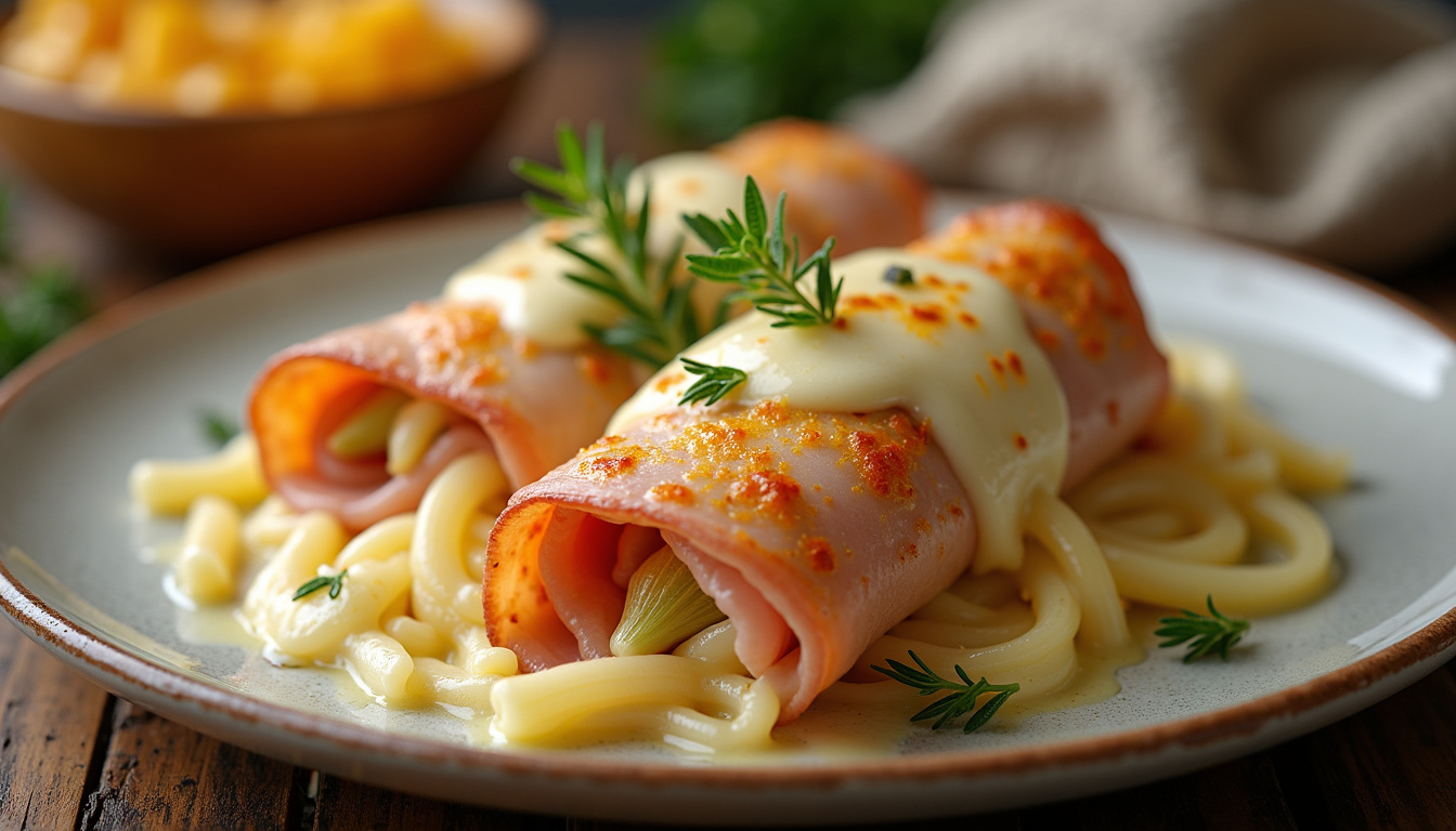 Préparation des endives au jambon dans un plat à gratin