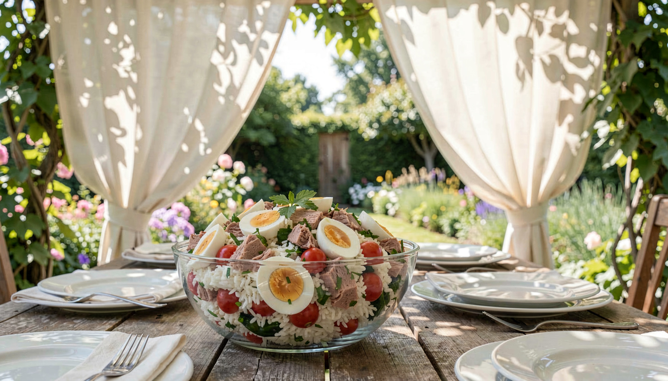 Préparation d'une salade de riz au thon et œufs durs pour un repas froid