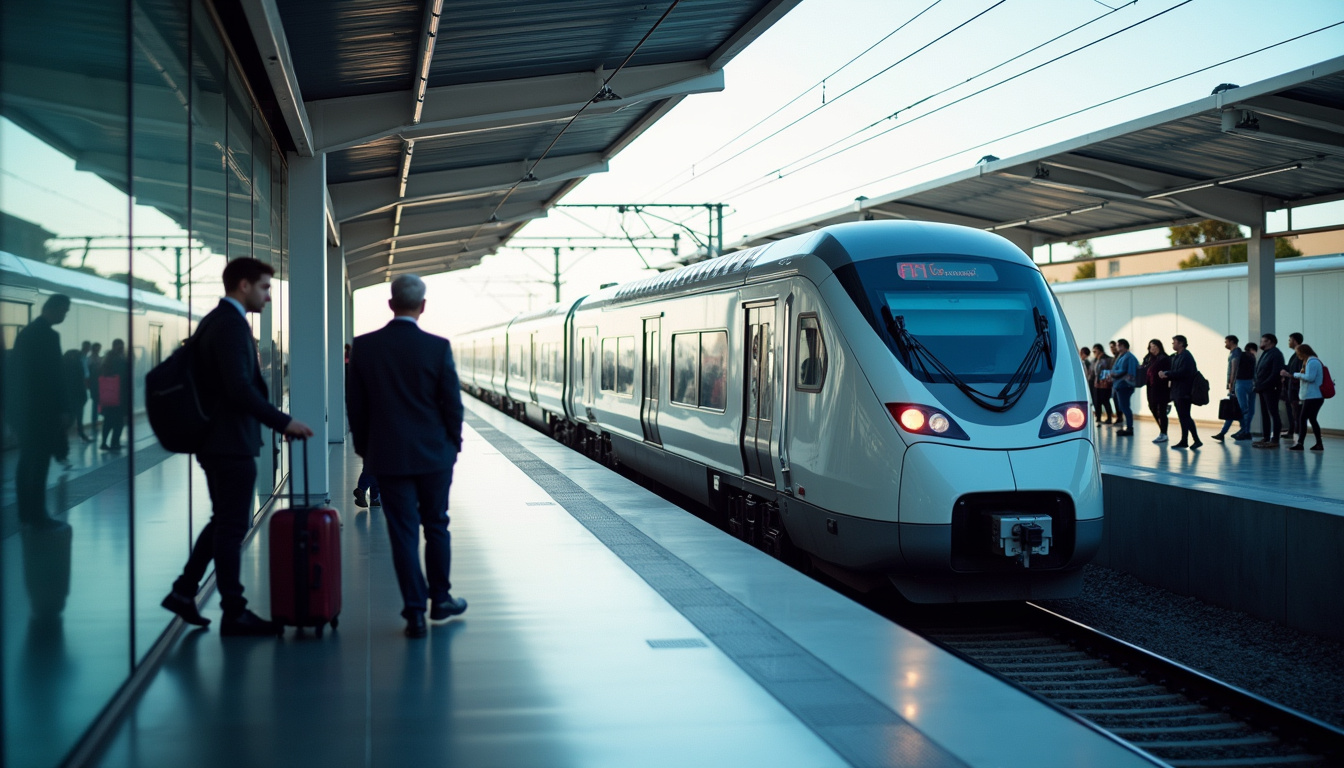 Quai de la gare Fiumicino avec un train Leonardo Express à l'arrêt, passagers en attente