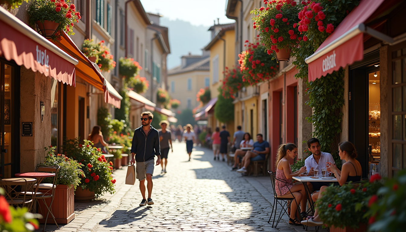 Rue commerçante animée de Ruoms avec façades colorées