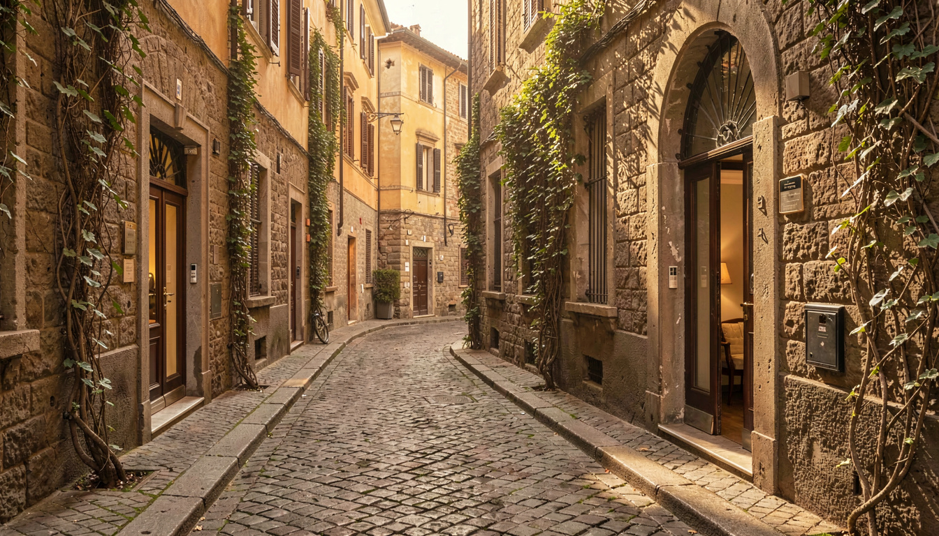 Ruelle pavée typique du centre historique de Rome avec un hôtel visible sur le côté