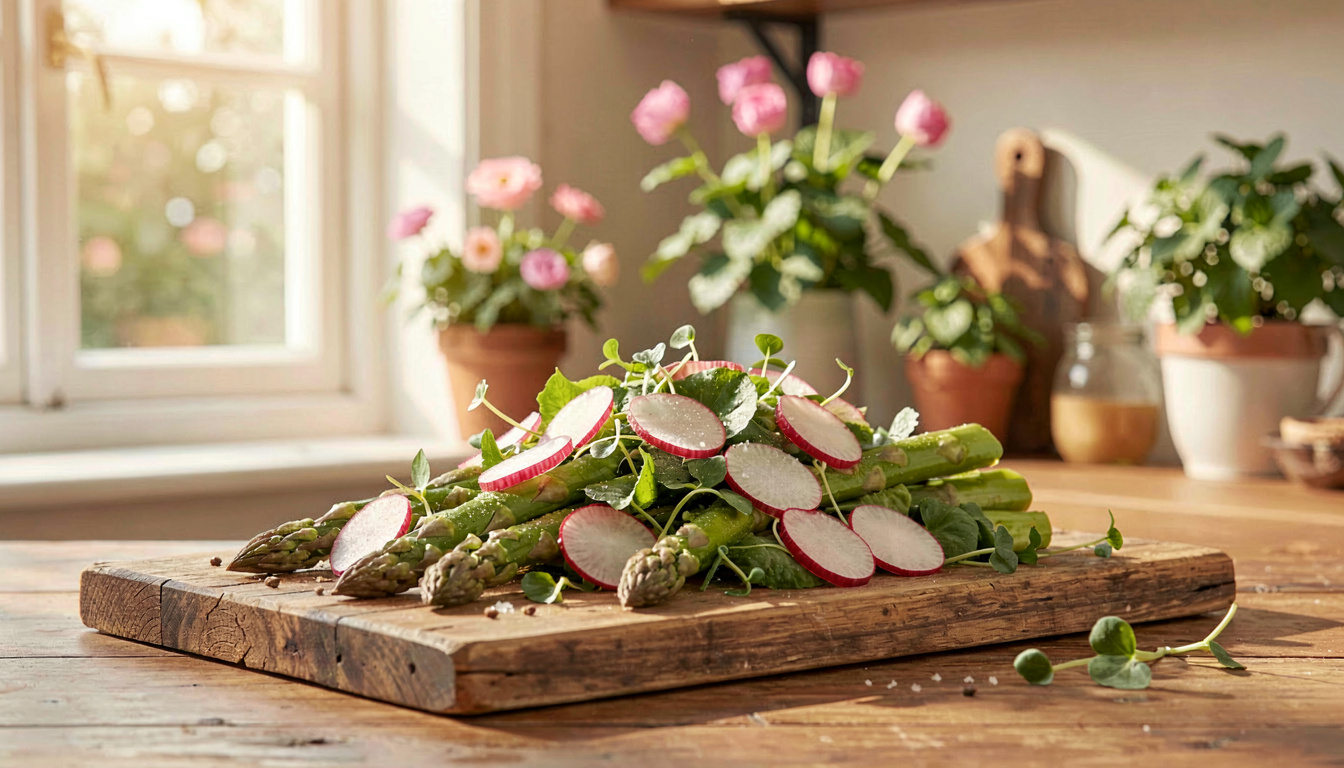 Salade printanière composée d'asperges, de radis et de pousses vertes