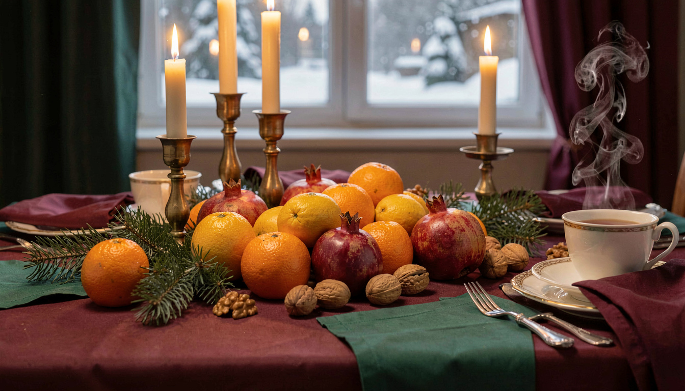 Table de Noël décorée avec des fruits de saison: clémentines, kakis, grenades et noix