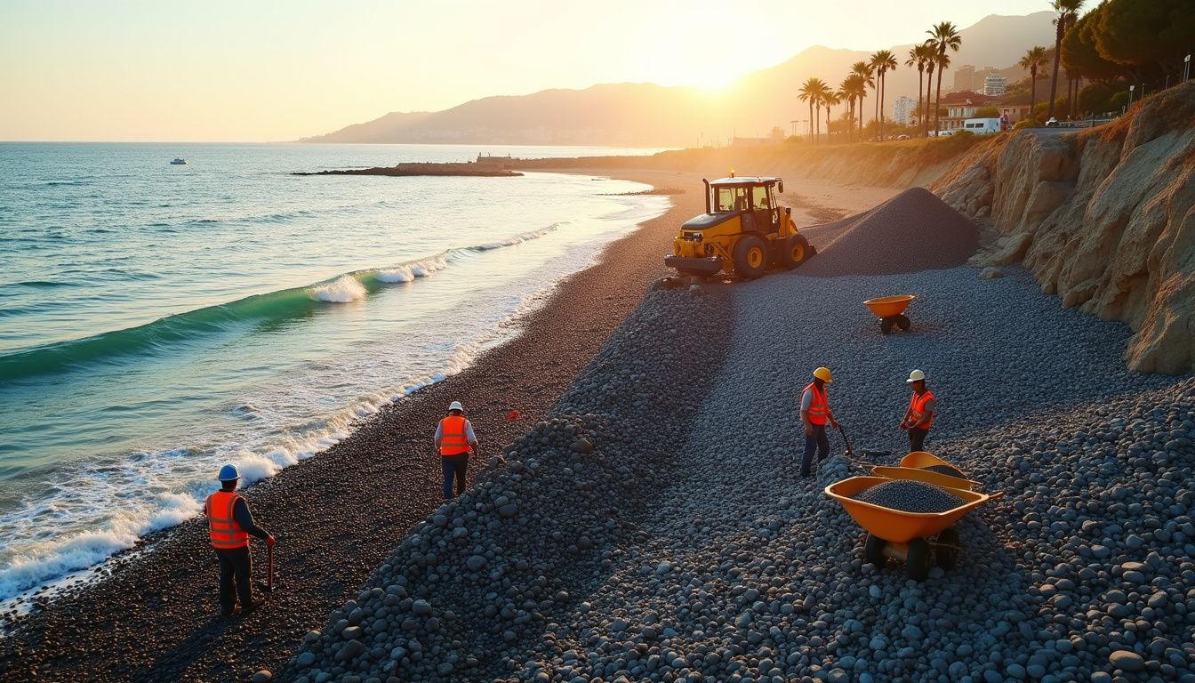 Travaux de reconstitution d’une plage de galets à Nice avec transport de matériaux