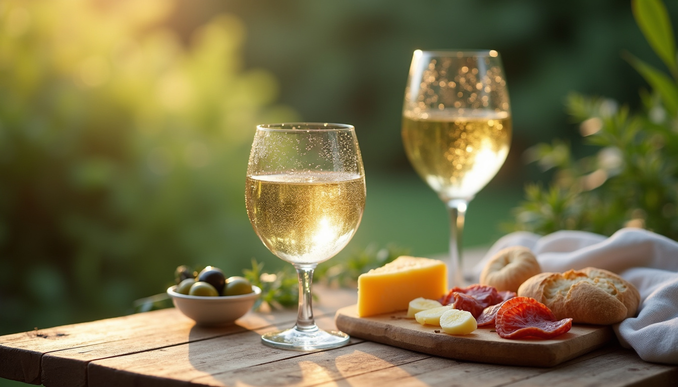 Verre de vin blanc servi sur une table avec fromages et amuse-bouches