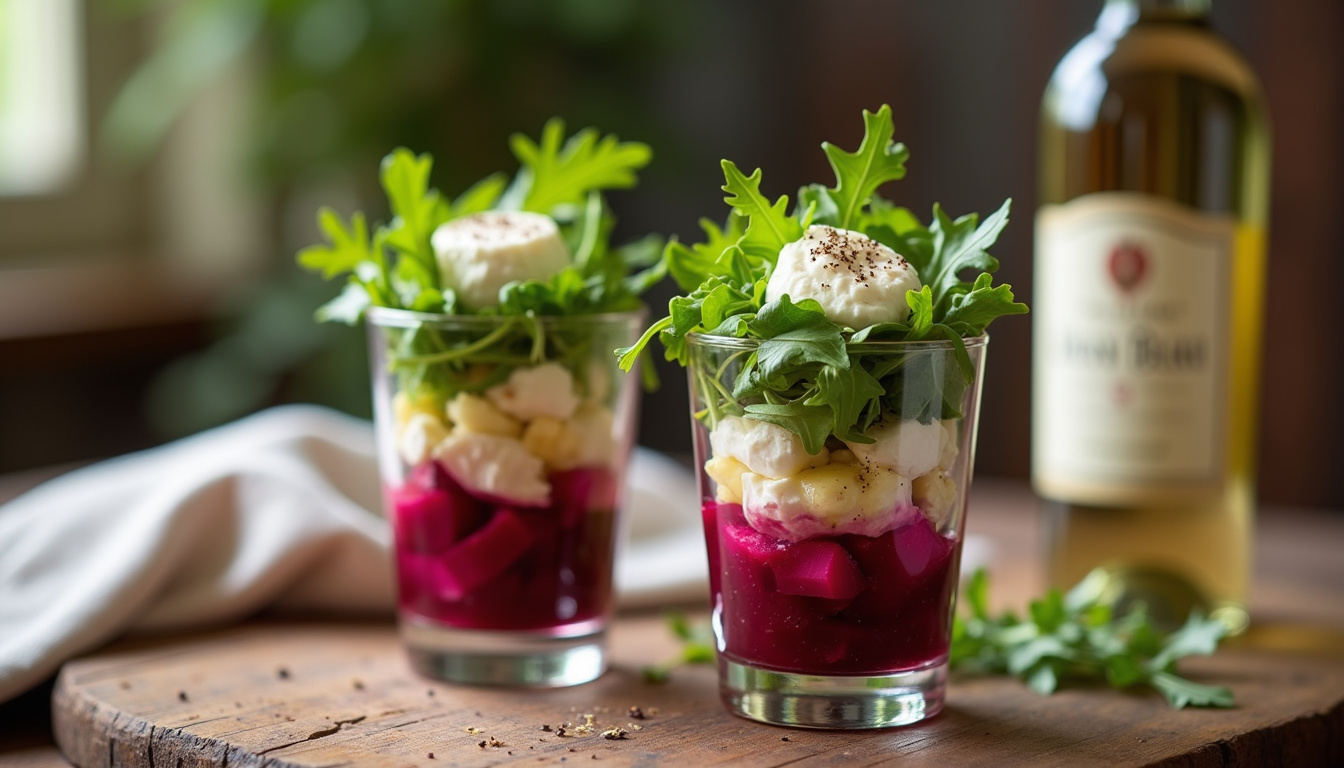 Verrines d'apéritif composées de betterave, chèvre frais et roquette