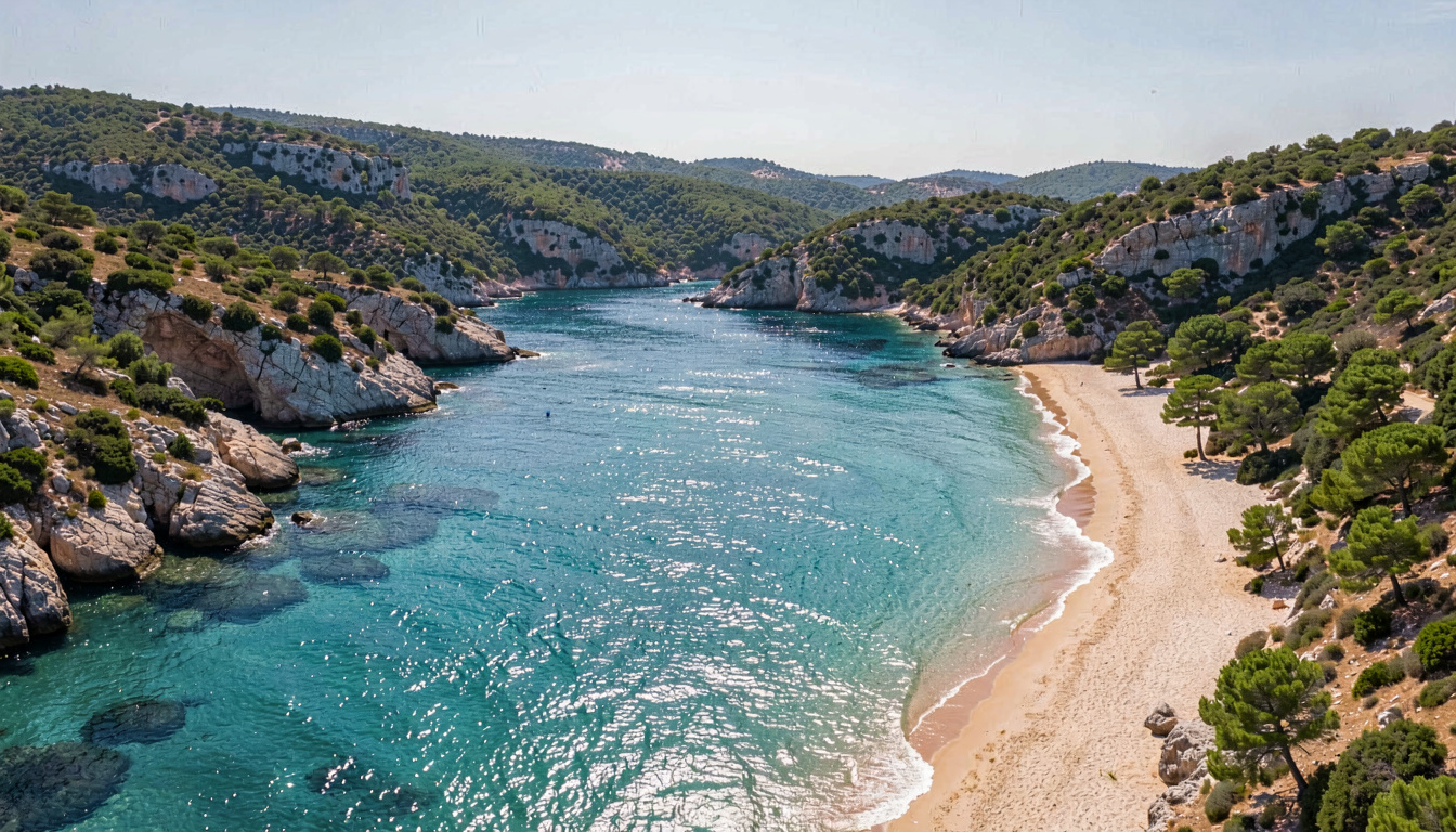 Vue aérienne de la plage de Cala Longa avec eaux turquoises et maquis environnant