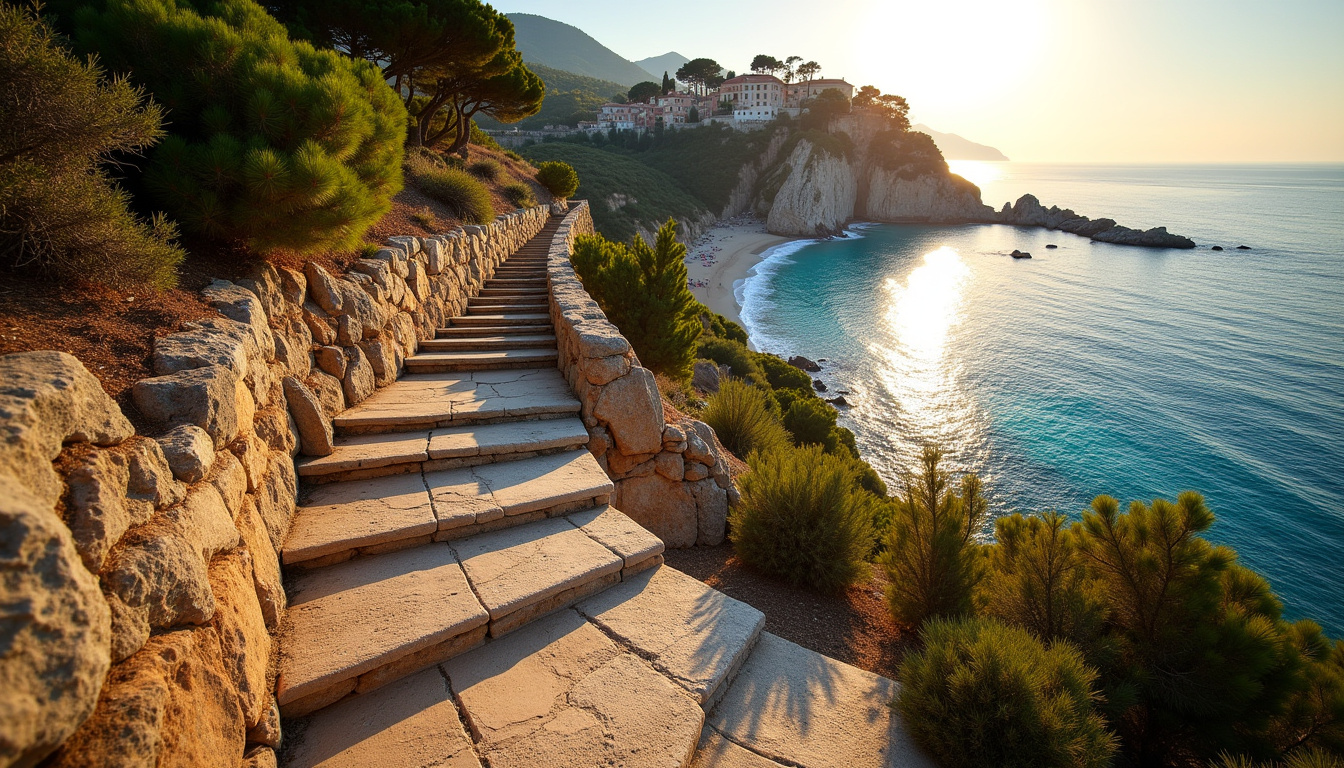Vue depuis l'escalier en pierre menant à la plage de Nonza, avec le village perché en arrière-plan